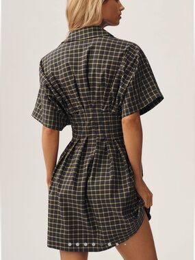 Exquise Tobie NAVY Collared Button-Down Mini Shirt Dress Anthropologie Plaid NEW